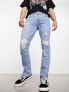 Фото #6 товара ASOS DESIGN skinny jeans with knee rips and zip detail in light blue