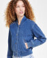 ფოტო #3 პროდუქტის Women's Ribbed-Edge Cropped Denim Bomber Jacket