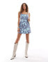 Free People ruched floral print mini dress in blue