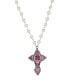 Women's Pewter Pink Crystal Diamond Shaped Stones Cross Imitation Pearl Necklace