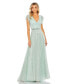 Women's Sequined Wrap Over Ruffled Cap Sleeve Gown