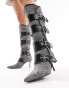 Public Desire Samurai kitten heel knee boots with buckles in black washed denim