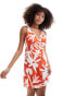 Фото #1 товара ONLY v neck a-line tie back mini dress in red abstract print