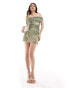 Pull&Bear gathered mesh bardot detail mini dress in blurred green print