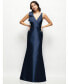 Фото #1 товара Women's Deep V-back Satin Trumpet Dress with Cascading Bow at One Shoulder