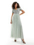 Maya Bridesmaid short sleeve maxi tulle dress with tonal delicate sequins in sage green