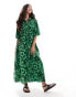 YAS floral belted t-shirt midi dress in green print - MGREEN