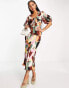 ASOS DESIGN plisse puff sleeve midi dress with wrap waist in abstract colourblock print