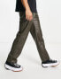 Bershka PU wide fit trousers in khaki