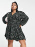Simply Be wrap shirt mini dress in black ditsy floral