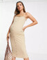 ASOS DESIGN Maternity midi button through ribbed dress with frill hem in sand