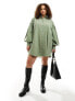 ASOS DESIGN Curve boyfriend shirt mini dress with blouson sleeve in olive