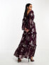 ASOS DESIGN Petite plunge pintuck maxi dress with cut out and frills in oxblood metallic floral jacquard