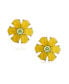 Lemon Yellow Dyed Quartz Garden Flower Stud Earrings: Button-Style with Green CZ, Non-Pierced for Women - 14K Gold-Plated .925 Sterling Silver