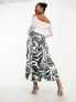 ASOS DESIGN Petite satin pleated midi skirt in mono zebra print
