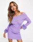 Miss Selfridge fold over knit rib bardot mini dress w faux fur cuff in purple