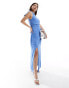 ASOS DESIGN off shoulder linen look maxi dress with knot detail in blue