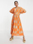 Фото #4 товара ASOS DESIGN Petite belted batwing maxi tea dress in orange metallic jacquard