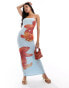 Фото #1 товара Kaiia mesh bandeau maxi dress in light blue and orange lily print