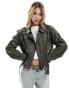 Фото #1 товара ASOS DESIGN washed distressed leather biker jacket in tinted green wash