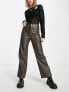 Only Petite high waisted wide leg faux leather trouser in brown