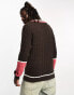 Фото #4 товара IIQUAL unisex cable knit varsity jumper in brown & coral