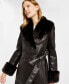 Фото #4 товара Women's Faux-Leather Faux-Fur-Trim Trench Coat