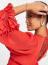 Фото #4 товара ASOS DESIGN Petite pleated blouson sleeve mini dress with belt detail in red