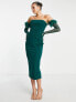 Фото #1 товара Rare London bandeau corset midi bodycon dress with faux feather gloves in green