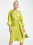 Фото #4 товара Never Fully Dressed satin wrap midi dress in olive green