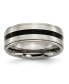 Фото #1 товара Titanium Polished Black Enamel Ridged Edge Wedding Band Ring