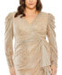 ფოტო #3 პროდუქტის Plus Size Long Sleeve Deep V Draped Shimmer Dress