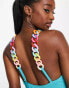 Love & Other Things ribbed swimsuit with chain strap detail in blue and pink