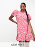 Фото #1 товара ASOS DESIGN Petite pie crust neck puff sleeve mini tea dress in pink ditsy print