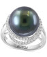 ფოტო #1 პროდუქტის EFFY® Black Tahitian Pearl (13mm) & Diamond (1/4 ct. t.w.) Double Halo Statement Ring in 14k White Gold