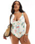 ASOS DESIGN Curve v-front swimsuit in postcard print