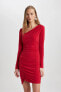 Bodycon Kayık Yaka Mini Uzun Kollu Kırmızı Elbise C4365ax24sp