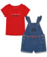 Фото #1 товара Baby Girls 2-Pc. Ribbed-Knit Logo Graphic T-Shirt & Printed Denim Shortalls Set