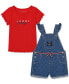 Baby Girls 2-Pc. Ribbed-Knit Logo Graphic T-Shirt & Printed Denim Shortalls Set