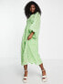 Miss Selfridge metallic chiffon shirred volume sleeve midaxi dress in green ditsy