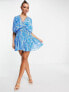 ASOS DESIGN blouson mini dress with chain strapping detail in blue floral