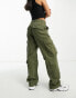 Фото #3 товара Bershka Petite drawstring waist cargo trousers in khaki