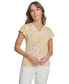 Фото #1 товара Women's Floral-Print Flutter-Sleeve Shirred-Shoulder V-Neck Top