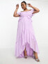 ASOS DESIGN Curve ruffle cut out off the shoulder maxi dress with hi low hem in lilac