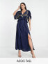 Фото #1 товара ASOS DESIGN Tall embroidered satin midi dress with frill waist in navy