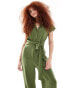 Фото #4 товара Mango tie waist jersey jumpsuit in khaki