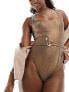 Фото #1 товара South Beach snake embossed buckle front swimsuit in brown metallic