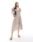 Фото #1 товара & Other Stories midi dress with puff sleeves and ruche and pleat detail in light taupe