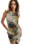 COLLUSION asymmetric high neck mini dress with lace up back in abstract print