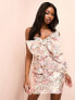 Фото #1 товара ASOS LUXE jacquard exaggerated bow pearl detailed bandeau mini dress in pink floral